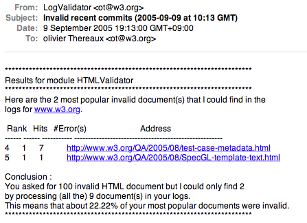 screenshot of a mail client with a logvalidator report sent by e-mail
