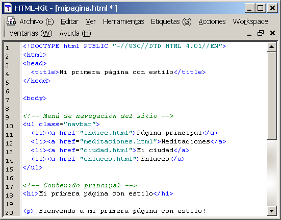 Código HTML mostrado en el editor de HTML Kit