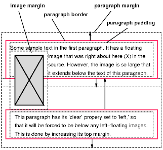 Image showing a floating
image and the effect of 'clear: left' on the two paragraphs.