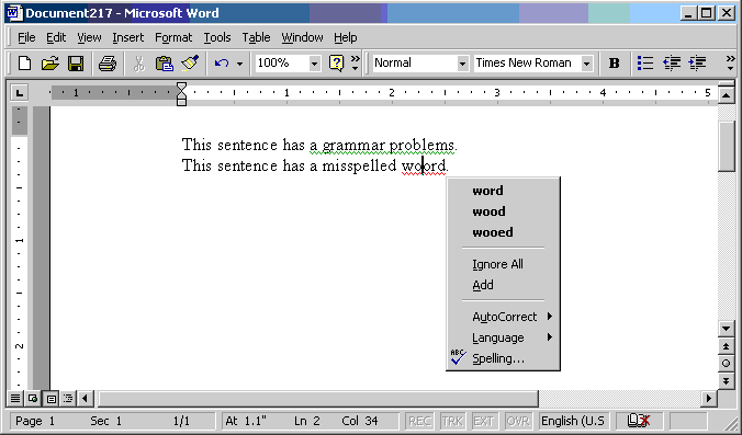 Screenshot of Word2000 showing the red and green underlines for spelling and grammar errors