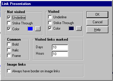 The Opera dialog box for configuring the rendering of links