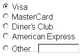 showing radio buttons, Visa, Master Card, Diner's Club, American Express, and 'other', where the user can freely enter a value