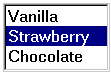 a list control, Vanilla, Strawberry, and Chocolate visible; Strawberry selected