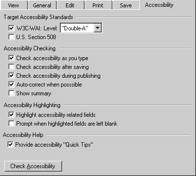 Screenshot of contrived accessibility options dialog