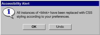 Screenshot of a pop-up dialog explaining the blink and marquee elements have been re-styled