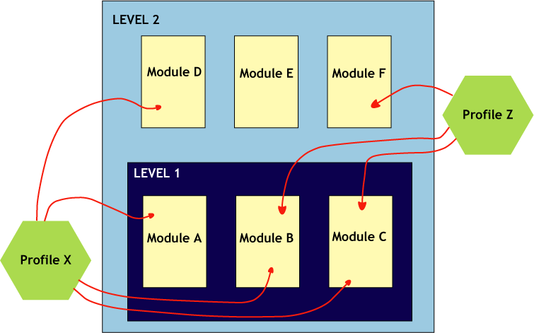 Graphe illustrating one possible organization of profiles modules levels