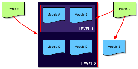 Graph illustrating one possible organization of profiles modules levels