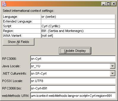 International context dialog setting Serbian (sr) in Cyrillic (Cyrl), producing various fallback locales for different systems
