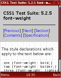 Image depcting how a test from the CSS1 test suite looks on a mobile browser. Due to the amount of visible meta data included, it is impossible to see the actual test result.