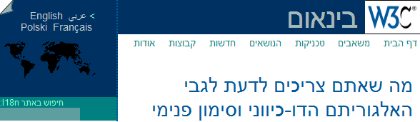 Picture of the top of an article written in Hebrew, showing a list of translations, using the name of the language in the native script, in Arabic, English and French.