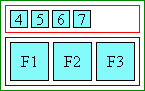Diagram of glyph layout in left aligned ruby when ruby text is shorter than base: the ruby is in a clump above the base characters, and bunched up on the right-hand side.