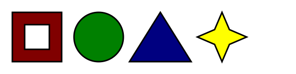 A line with four shapes in it, equally spaced: a red hollow box, a green circle, a blue triangle, and a yellow four-pointed star.