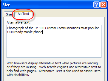 The Alt Text tab in the Size dialog.
