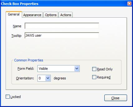 General tab on the Check Box Properties dialog, showing name and tool tip fields for a check box