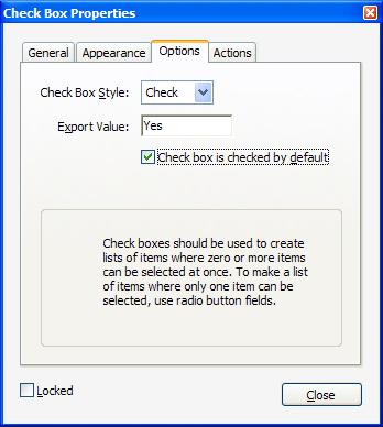 Options tab on the Check Box Properties dialog, showing value and state fields for a check box.
