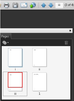 The Pages panel in Adobe Acrobat Pro showing pages numbered i, ii, iii, 1. The Page Navigation toolbar shows iii for the third page. The relative page location is also displayed as '(3 of 4).'