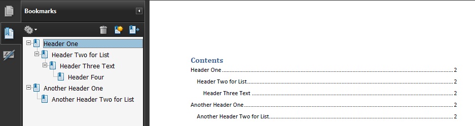 PDF document showing the Table of Contents and Bookmarks created from the headings in a Word document.