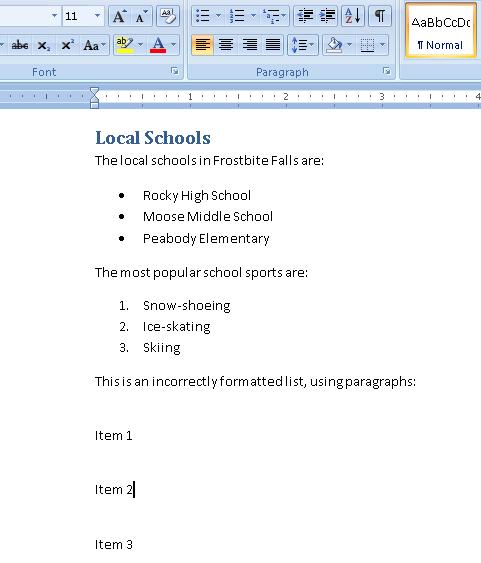Screenshot showing correctly formatted ordered and unordered lists, and a third section of text formatted to appear as a list, but not using the list formatting tool in Microsoft Word.