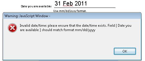 Error alert for date with unrecognized format or value.