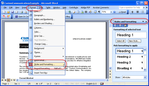Selecting heading styles in Word 2003.
