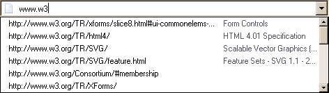 A text box with an icon on the left followed by the text "www.w3" and a cursor, with a drop down button on the right hand side; with, below, a drop down box containing a list of six URLs on the left, with the first four having grayed out labels on the right; and a scroll bar to the right of the drow down box, indicating further values are available.