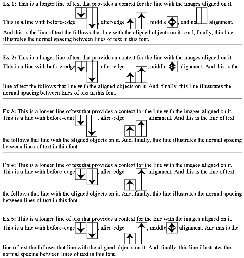 Five examples of blocks, each containing text and inline graphics, showing various alignment methods.