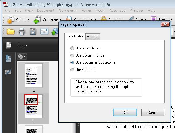 Page properties in Adobe Acrobat Professional. The choices are Use Row Order, Use Column Order, Use Document Structure, Unspecified. Use Document Structure is selected. This is also the default.