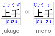 上手 ("skill") annotated in both kana and romaji, shown in both jukugo and mono styles.