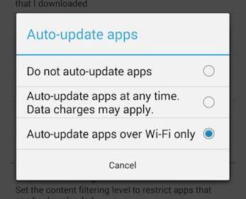 Android's settings for managing how applications should be updated