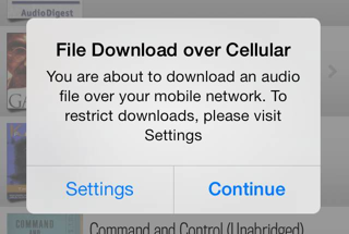 Audible pops up a warning to let the user know they are about to download a large file over cellular