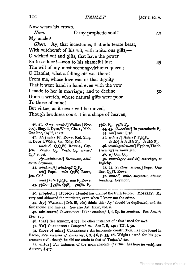 Page of Hamlet showing inline footnotes above block footnotes