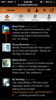Screen shot of Twitter mobile web site displayed on iOS with screen colors inverted.