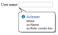 example div element with MSAA name and role information displayed. The accName property is empty, the accRole property is 'combo box'.