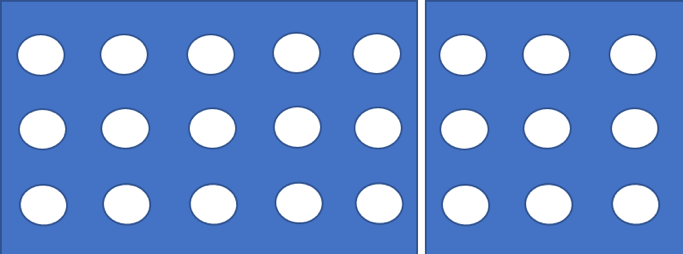 3 rows of 8 evenly spaced circles divided into two blue rectangles.  The blue backgrounds make the two groupings visually apparent.