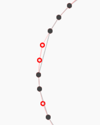 Close-up view of a curve, showing coalesced and un-coalesced points