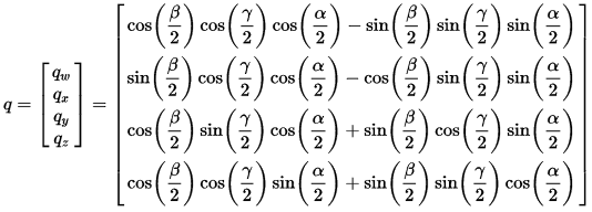 q = [[q_w], [q_x], [q_y], [q_z]] = [[cos(beta)cos(gamma)cos(alpha) - sin(beta)sin(gamma)sin(alpha)], [sin(beta)cos(gamma)cos(alpha) - cos(beta)sin(gamma)sin(alpha)], [cos(beta)sin(gamma)cos(alpha) + sin(beta)cos(gamma)sin(alpha)], [cos(beta)cos(gamma)sin(alpha) + sin(beta)sin(gamma)cos(alpha)]]