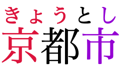 “Kyoto City” written in horizontal Japanese,
					with phonetic annotations over the word.
					The characters of each annotation are not alligned
					to their corresponding base,
					instead they are collectively aligned to the whole word.