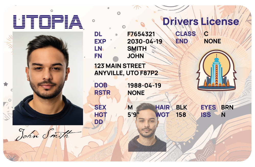 Picture of the front of a driver's license issued by the state of Utopia which contains a picture of the individual that is the subject of the driver's license along with their attributes, such as name, address, height, weight, eye color, and driving privileges.