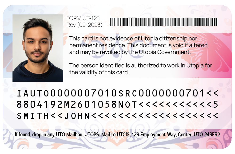 Picture of the back of a employment authorization document issued by the state of Utopia, containing usage rules as well as machine-readable zone data that encodes much of the information displayed on the front of the card.