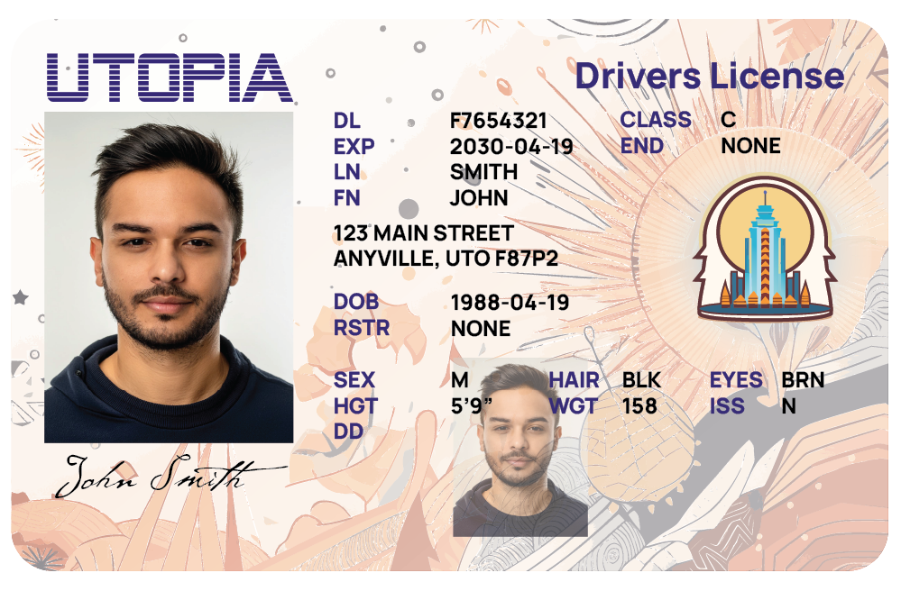 Picture of the front of a driver's license issued by the state of Utopia which contains a picture of the individual that is the subject of the driver's license along with their attributes, such as name, address, height, weight, eye color, and driving privileges.