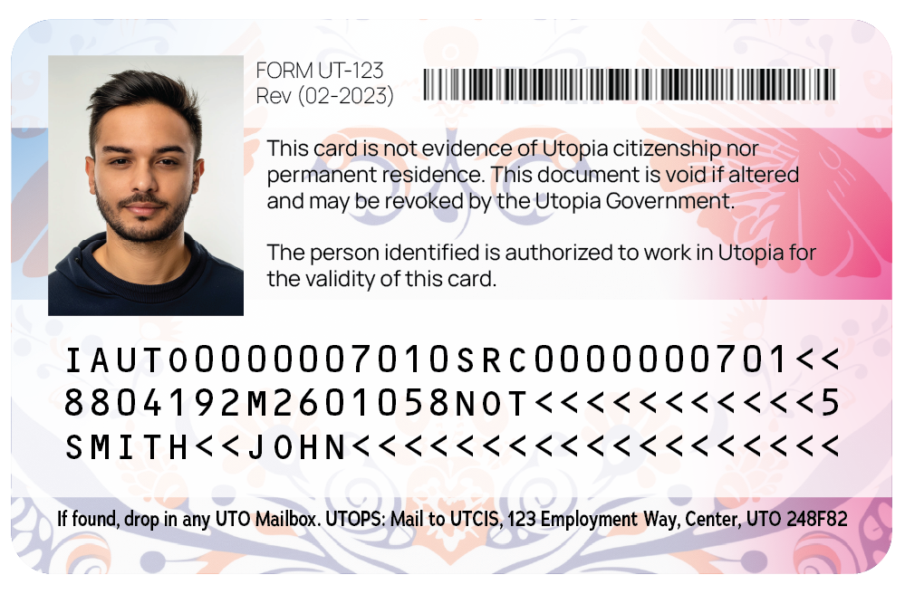 Picture of the back of a employment authorization document issued by the state of Utopia, containing usage rules as well as machine-readable zone data that encodes much of the information displayed on the front of the card.