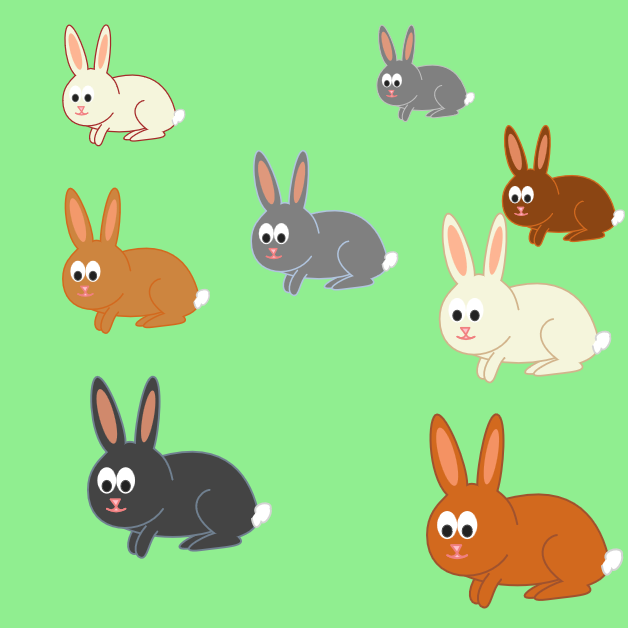 Multiple use-copies of a rabbit-symbol on a light green background; each rabbit has different=coloured fur, but the same pink noses and white fluffy tails.