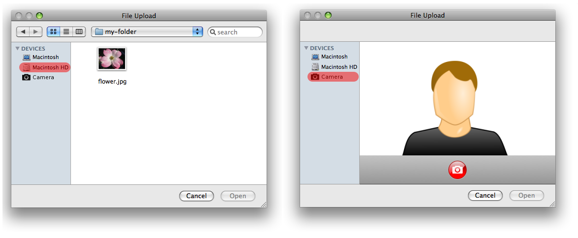 A File picker control in the File Upload (left) and Image Capture state (right).