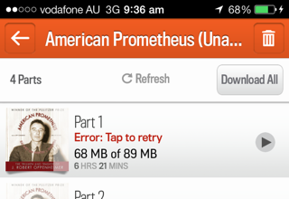 An audio book that has failed to completely download in the Audible application