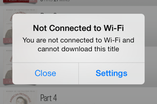 Audible warns the user that they are not connected to Wi-Fi, and explicitly prevents a download from happening.