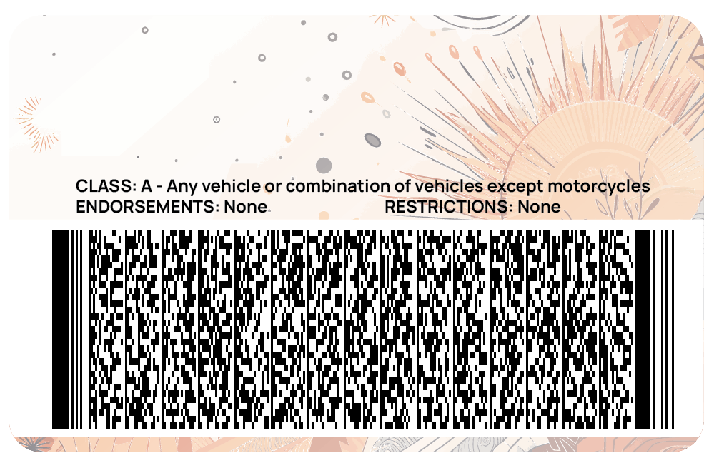 Picture of the back of a driver's license issued by the state of Utopia, containing usage rules as well as a PDF417 barcode that encodes much of the information displayed on the front of the card.