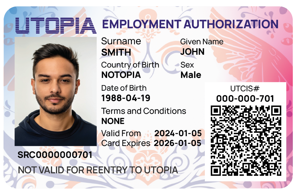 Picture of the front of an employment authorization document issued by the state of Utopia which contains a picture of the individual that is the subject of the document along with their attributes, such as name, address, height, weight, eye color, and employment privileges.