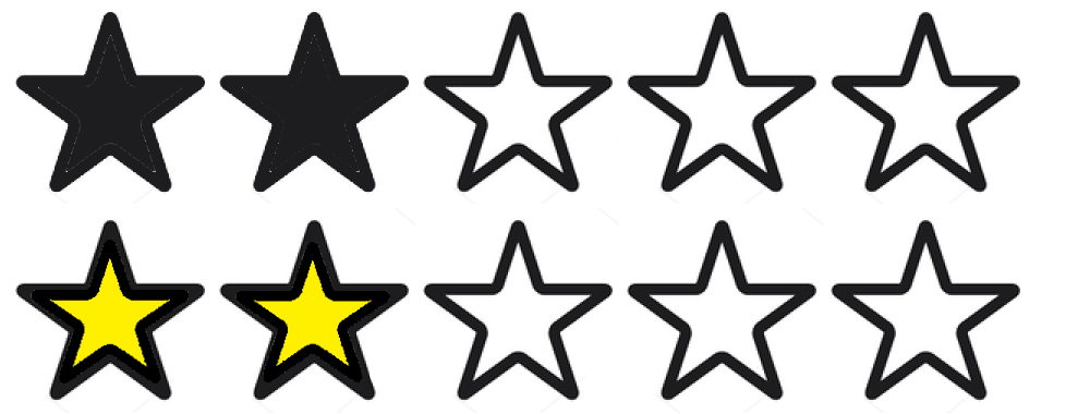 Two star ratings, one uses a black outline (on white) with a black fill to indicate it is checked. The second has a yellow fill and a thicker dark border.