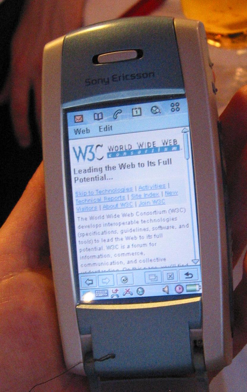 [photo: P800 phone displaying W3C home
  page]