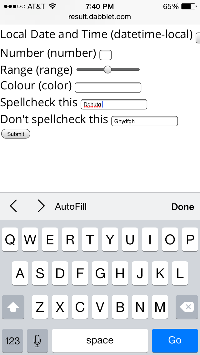 Screenshot: 2 iOS form fields with type is text and spellcheck equal to true and false